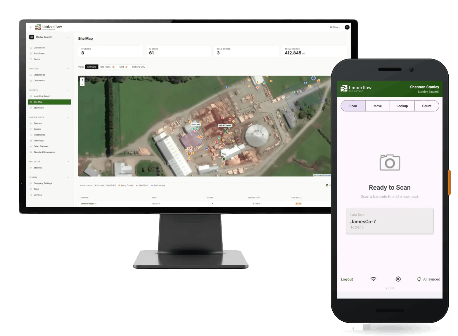 Timberflow dashboard on a laptop and the scanner app on a PDA