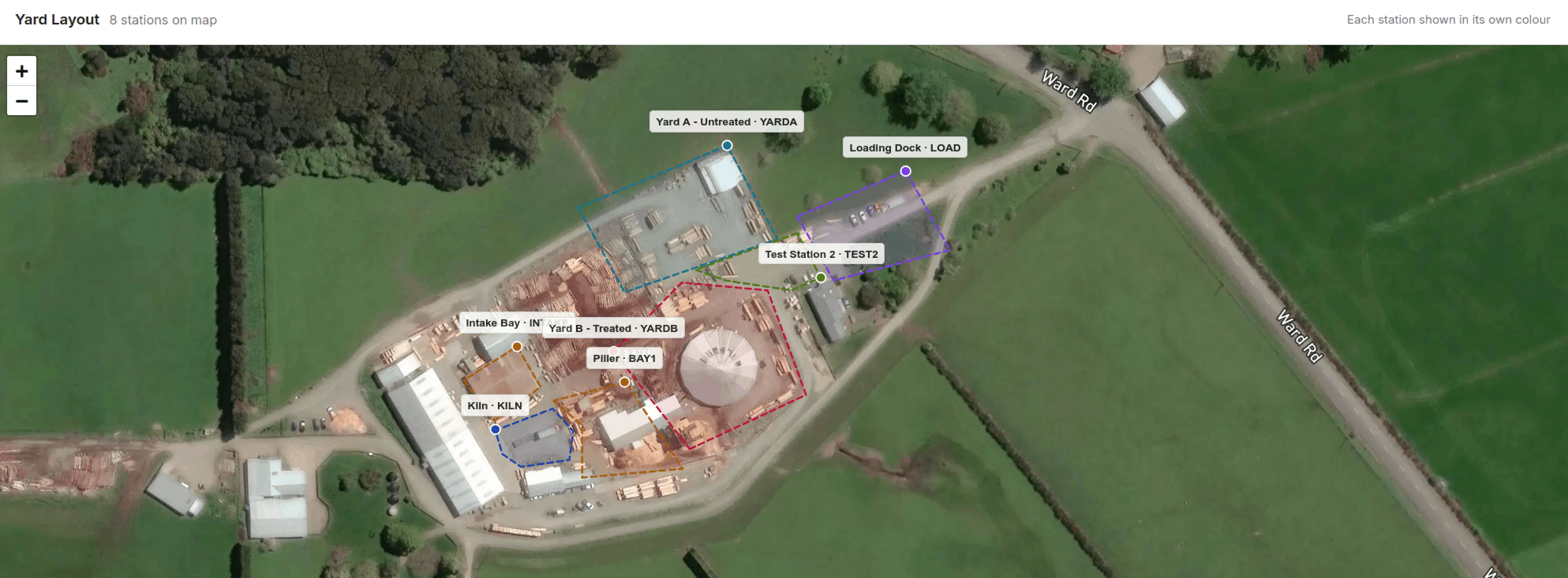 Timberflow yard layout with each station drawn as a coloured boundary polygon over satellite imagery